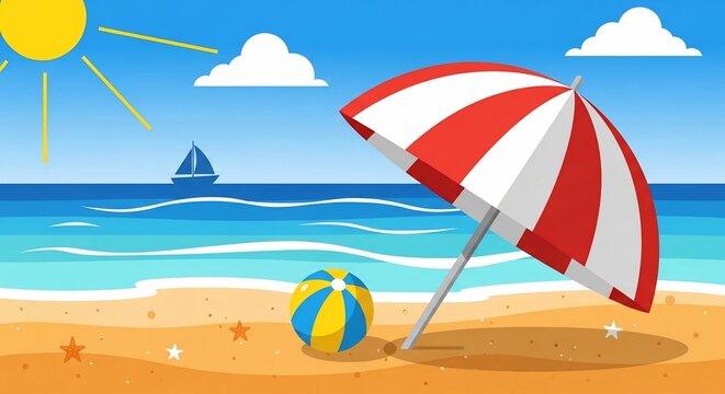 Beach scene with umbrella and ball