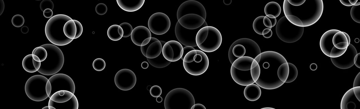 Abstract floating transparent white bubbles on dark black background banner illustration