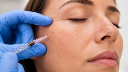 Naklejka premium A woman's face undergoes a cosmetic procedure as a gloved hand carefully injects filler near her eye, focusing on rejuvenation and aesthetic improvement.