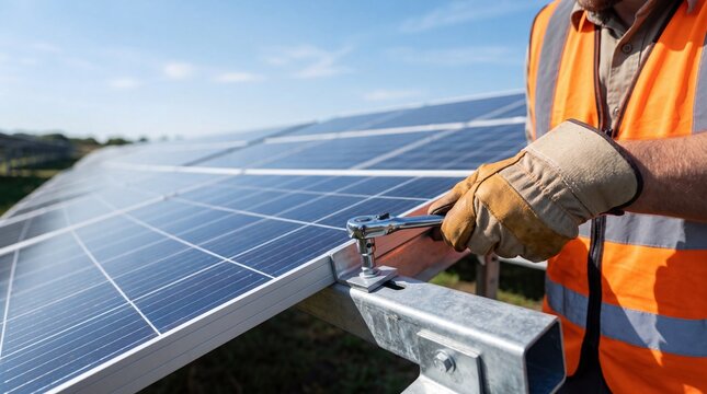 Close-up of worker wearing safety vest and gloves installing solar panel using wrench outdoors under blue sky, renewable energy construction and sustainable technology concept