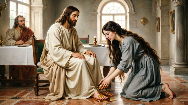 A sinful woman anoints Jesus with perfume, pouring out love and repentance.