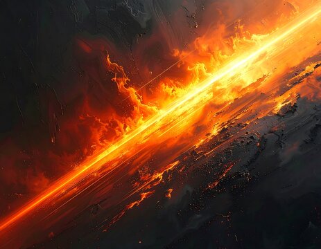 Fiery abstract illustration of light beam slashing through dark clouds and smoke