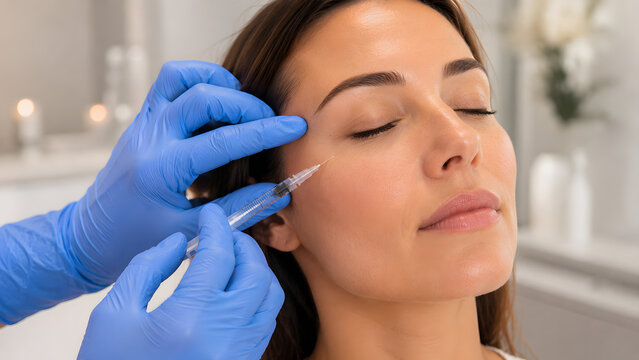 A woman receives a cosmetic filler injection to her cheek from a gloved hand, showcasing a modern beauty treatment for facial rejuvenation.
