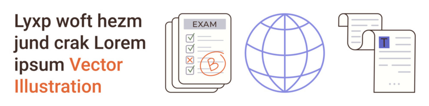 Education, global communication, academic evaluation, documents, digital learning, world data. Checklist marked with results, globe and official papers. Education and global communication concept