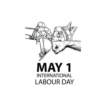 Detailed black and white sketch for may first international labour day with fist bump art.