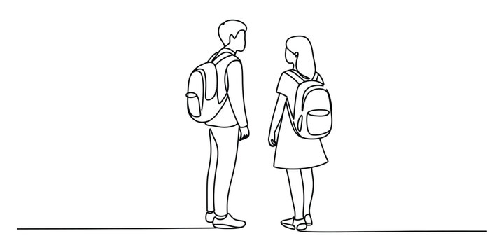 Continuous line drawing of two students standing with backpacks