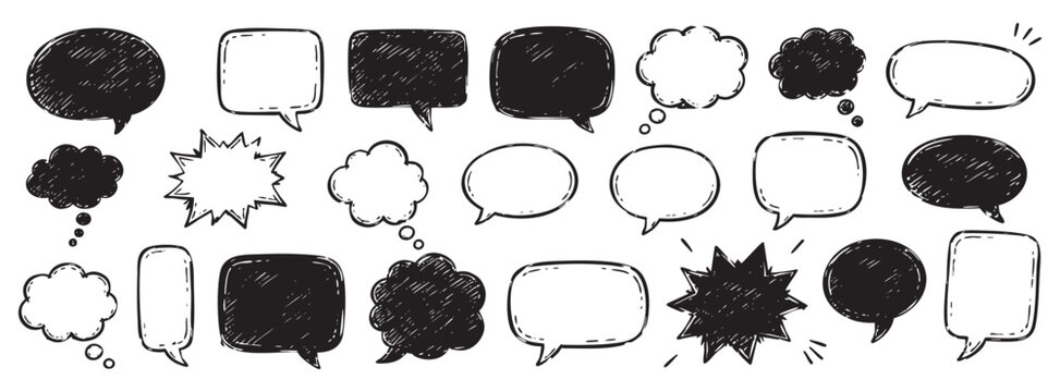 Set of handdrawn speech bubbles, comic book style chat boxes, doodle thought balloons, isolated on white background