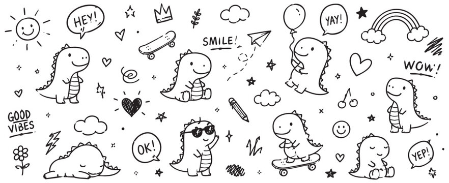 Cute hand drawn dinosaur doodle set, collection of funny little dino characters, isolated on white background
