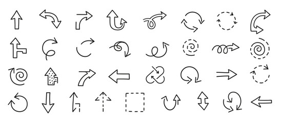 Hand drawn doodle arrow vector set featuring sketch style directional pointers and circular symbols for minimalist graphic design elements © your picture