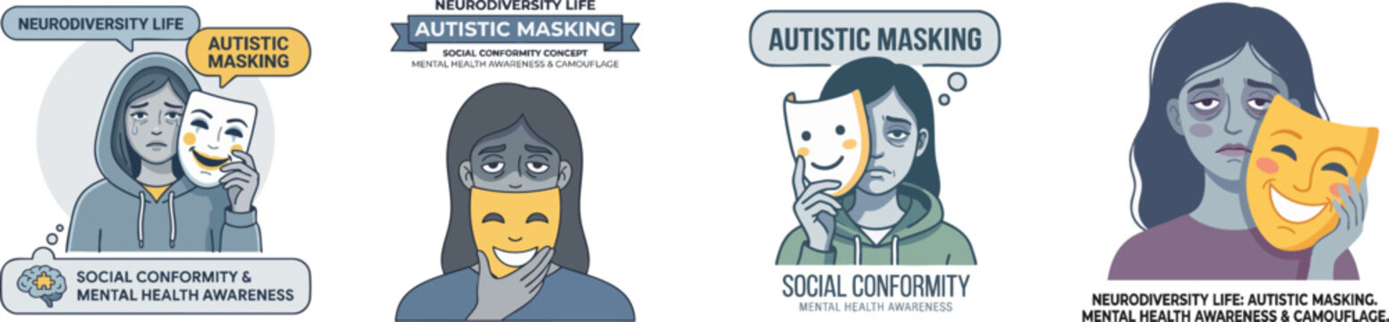 Neurodiversity Life. Autistic Masking. Woman Holding False Smile Mask Over Exhausted and Tired Real Face. Social Conformity Concept. Mental Health Awareness and Camouflage, set isolated on white