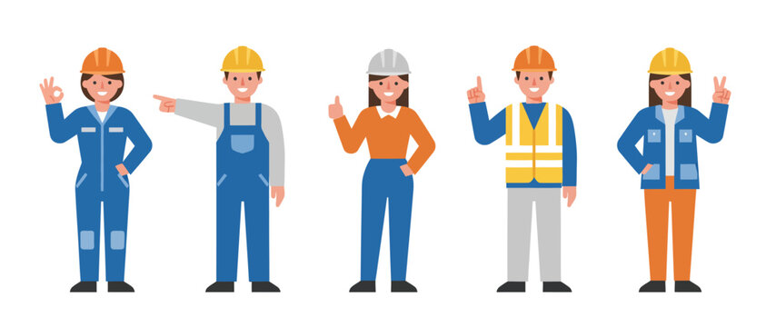 Construction workers and engineers flat vector character set demonstrating safety gestures and teamwork for industrial or manufacturing concepts