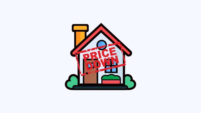House with a price down stamp on it. House for sale at a reduced price. Perfect for real estate listings, housing market reports, or property investment related materials.