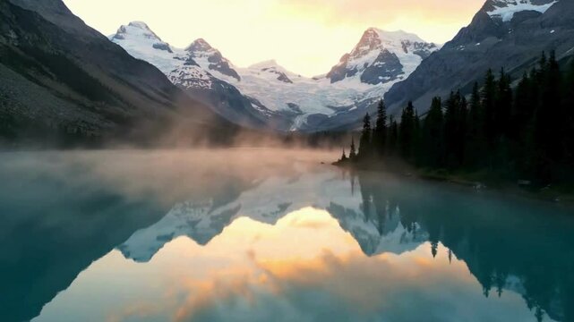 Majestic alpine mountain reflection on misty lake at sunrise, snow-capped peaks over calm glacial water, serene wilderness landscape at dawn