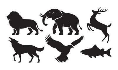Obraz premium Wild animals silhouettes set featuring lion elephant deer howling wolf flying eagle and fish vector illustration concept icons