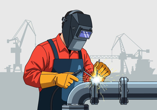 Professional Welder Working on Metal Pipe in Shipyard with Industrial Cranes Background - Flat Illustration