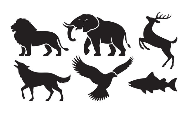 Wild animals silhouettes set featuring lion elephant deer howling wolf flying eagle and fish vector illustration concept icons