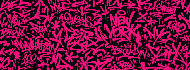 Seamless graffiti pattern with pink tags and street art elements on black background © Zbrake Studio