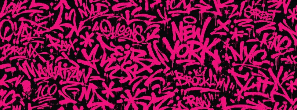 Seamless graffiti pattern with pink tags and street art elements on black background