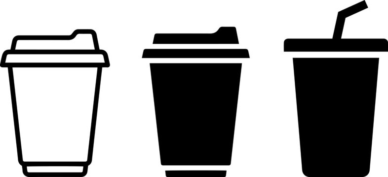 Set of coffee and drink cups with lids and straw icons