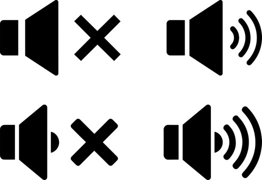 Set of volume icons with sound on and mute symbols isolated on white background