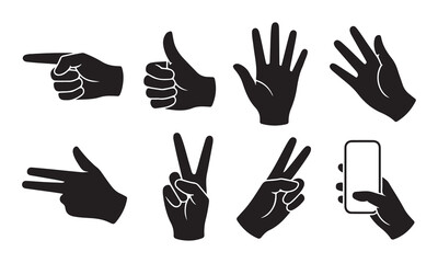 Fototapeta premium Hand gestures silhouettes set featuring thumbs up pointing victory sign holding smartphone and okay symbol vector illustration