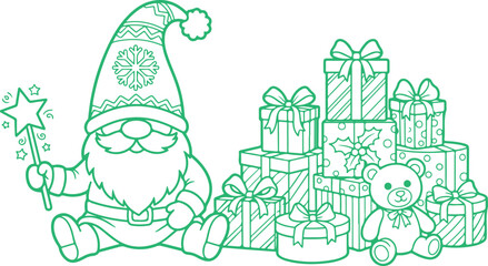 Christmas gnome with gifts and teddy bear, cute character holding magic wand, festive holiday season illustration, outline drawing for greeting cards and design. © Sadhin