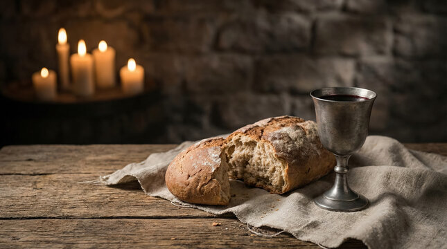 Bread and a silver chalice of red wine on a rustic wooden table with candles in the background, a biblical concept of the Last Supper and Holy Communion, 3D illustration