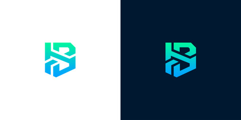 Hexagonal B logo with a modern gradient effect on white and dark backgrounds, representing innovation and technology © anello
