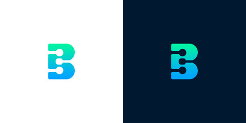 Modern abstract letter B logo with gradient colors, technological and digital design elements on white and dark backgrounds © anello