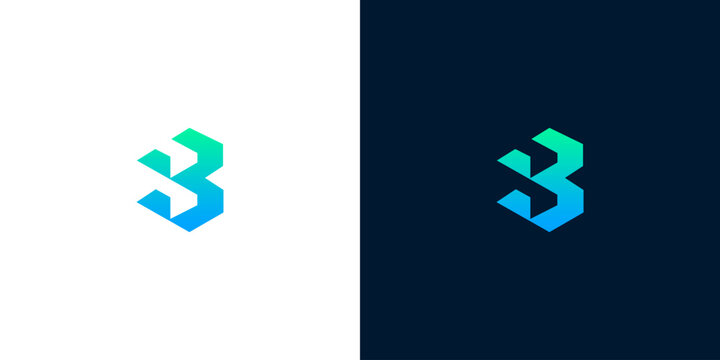 Modern abstract geometric letter B logo design in blue and green gradient on white and dark backgrounds