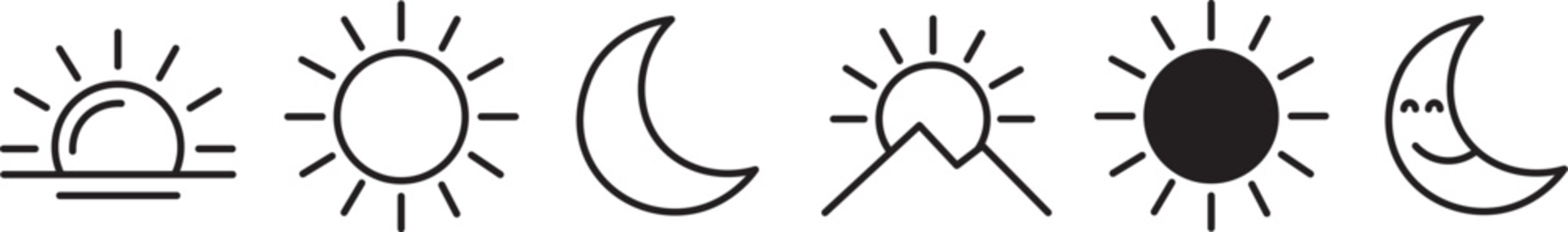 Day and night cycle icon set showing morning sunrise, bright noon sun, mountain sunset, and crescent moon. Minimalist line art weather and time vectors on white background.