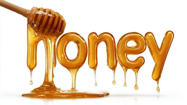 Honey word crafted from golden liquid with a wooden dipper dripping sweet syrup