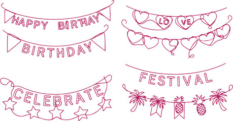 Collection of festive banners, birthday love celebrate festival greetings, hearts stars balloons palm trees, outline design for party and event decor. © Sadhin
