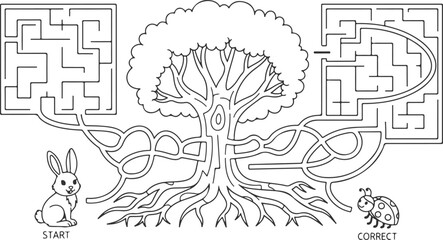 Rabbit and ladybug maze, find path from start to correct through complex labyrinth around large tree, educational game for children, printable activity, fun puzzle. © Sadhin