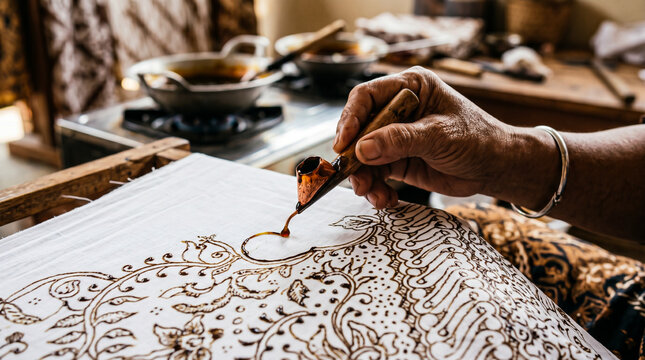 Close-up of hand painting traditional Indonesian batik fabric using a canting tool with hot liquid wax.