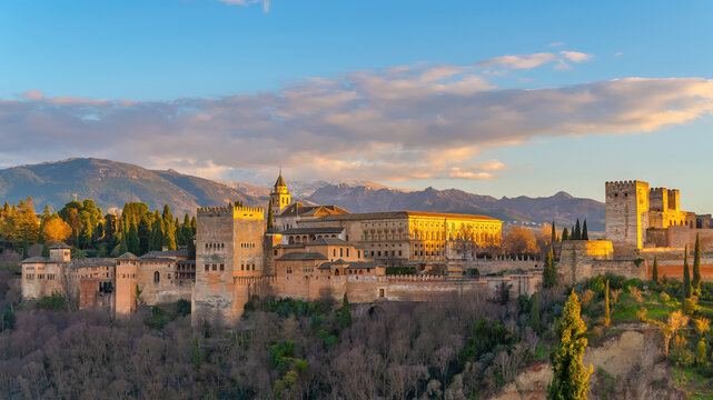 Granada city skyline, view of the Alhambra palace and fortress complex, Spain