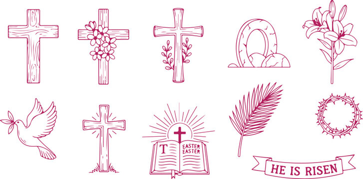Collection of religious christian easter symbols and motifs hand drawn line art style set.