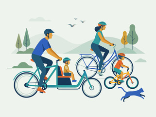 Fototapeta premium Family Cycling Outdoors with Cargo Bike and Kids - Sustainable Urban Lifestyle Illustration