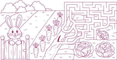 Easter bunny maze, help rabbit find carrots and cabbage, farm field, nature path, playful garden labyrinth, cartoon style. © Sadhin