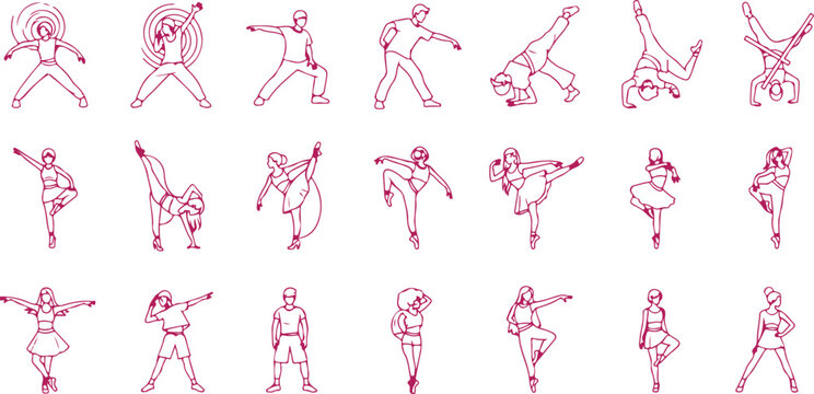 Dynamic pink outline illustrations of dancers in various ballet and athletic poses on transparent background.