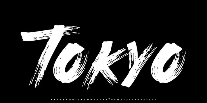 Grunge textured handdrawn alphabet font in rough brush style. Artistic handwritten typography set with bold expressive letters and textured effect. Perfect for posters, streetwear, branding, packaging