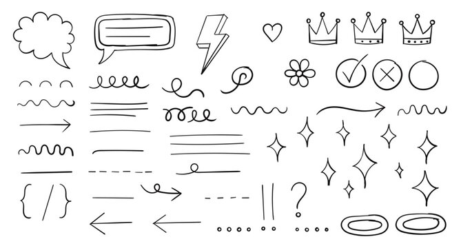 Hand drawn doodle elements set, speech bubbles, arrows, stars, crowns, check marks, lines and decorative symbols isolated on white background