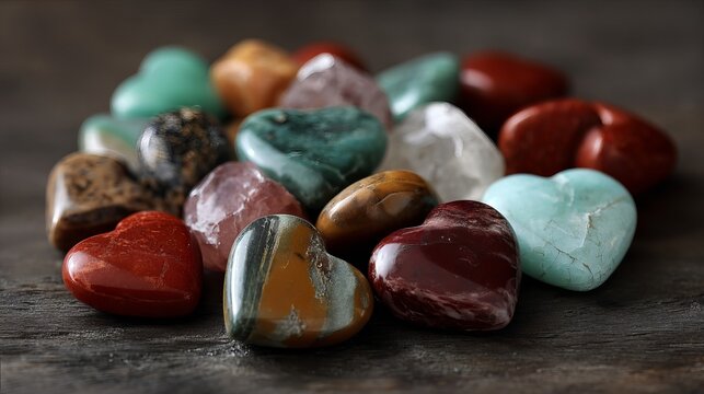 A collection of colorful heart-shaped stones on a dark surface
