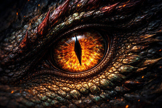 Intense fiery reptile eye macro shot featuring dark metallic dragon scales and vertical pupil