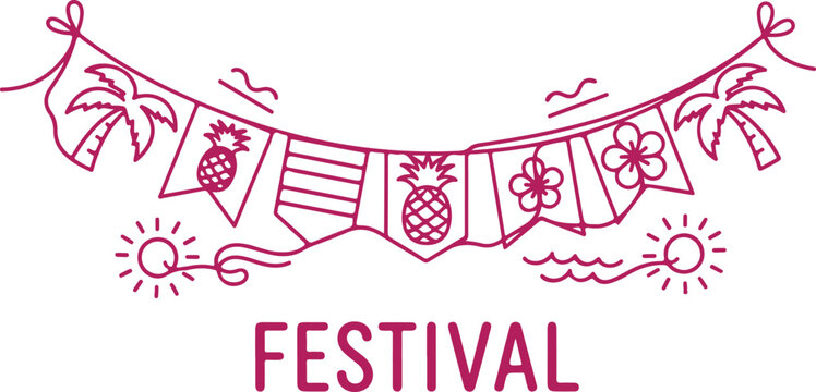 Festival banner with tropical elements like palm trees and pineapples, pink line art on transparent background.