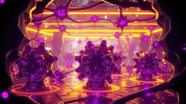 Futuristic interior. Glowing polyhedral dice illuminate complex network. Purple, orange hues dominate scene. Abstract geometry creates depth.