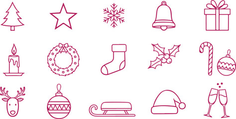 Christmas icons set pine tree star snowflake bell gift candle wreath stocking holly candy cane ornament reindeer sleigh hat glasses. © Sadhin