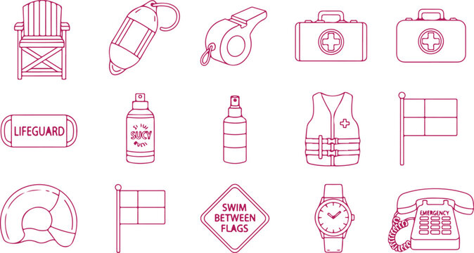 Lifeguard equipment and safety items for beach and pool safety, including chair, whistle, first aid, lifebuoy, flag.