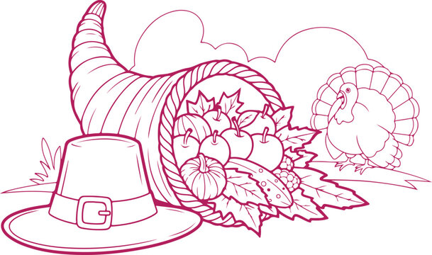 Abundant cornucopia overflowing with autumn harvest fruits vegetables and turkey with pilgrim hat on Thanksgiving Day vector.