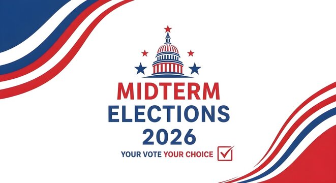 Graphic banner for the 2026 Midterm Elections featuring the U.S. Capitol building, stars, and patriotic red, white, and blue waves with text.